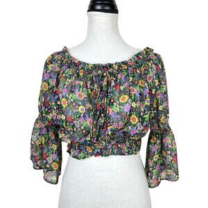 Jane Wood Black Pink Floral Smocked Off the Shoulder Sheer Crop Blouse
